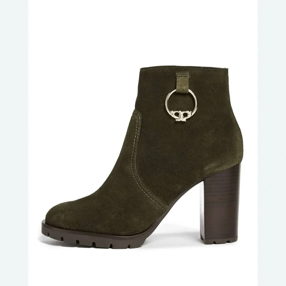 NWT Tory Burch Olive Suede Ankle Boots with Ring Detail 6